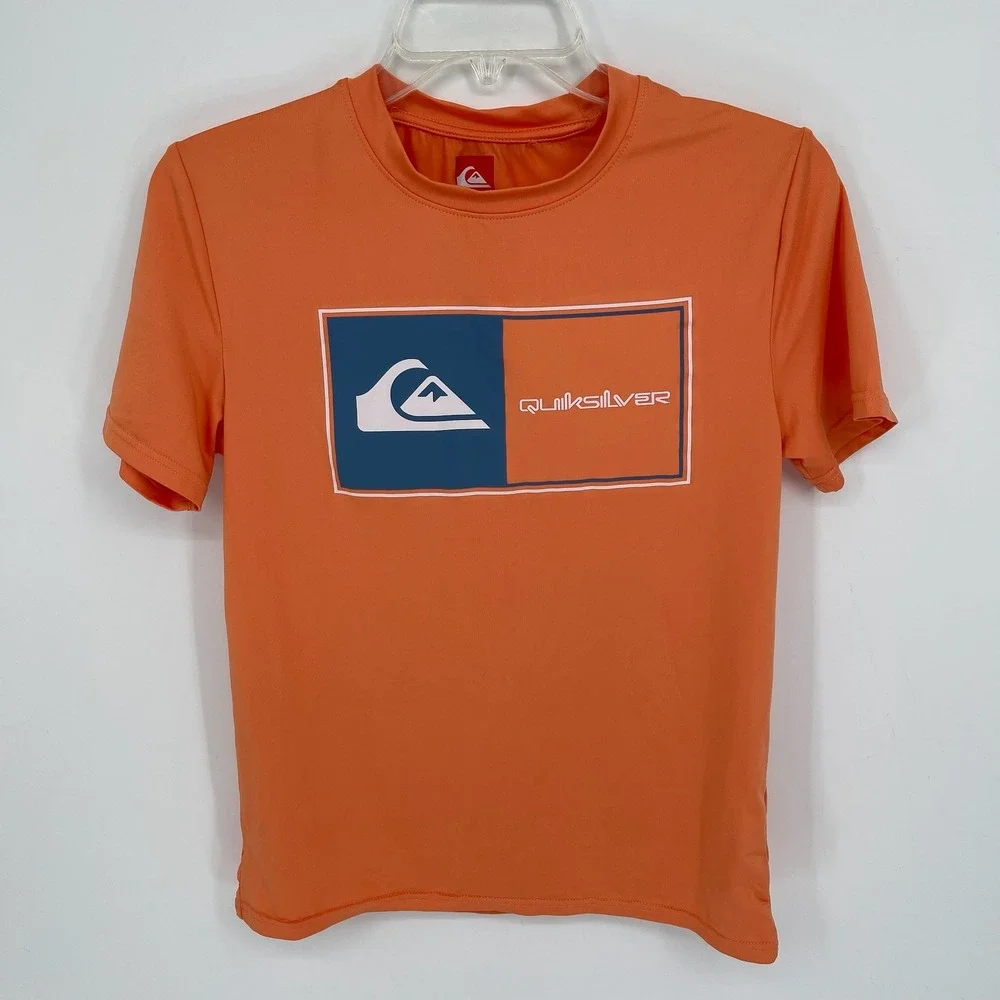 Quiksilver Boy's Orange Graphic Short Sleeve Rash Guard‎ Swim Shirt Size M 10-12